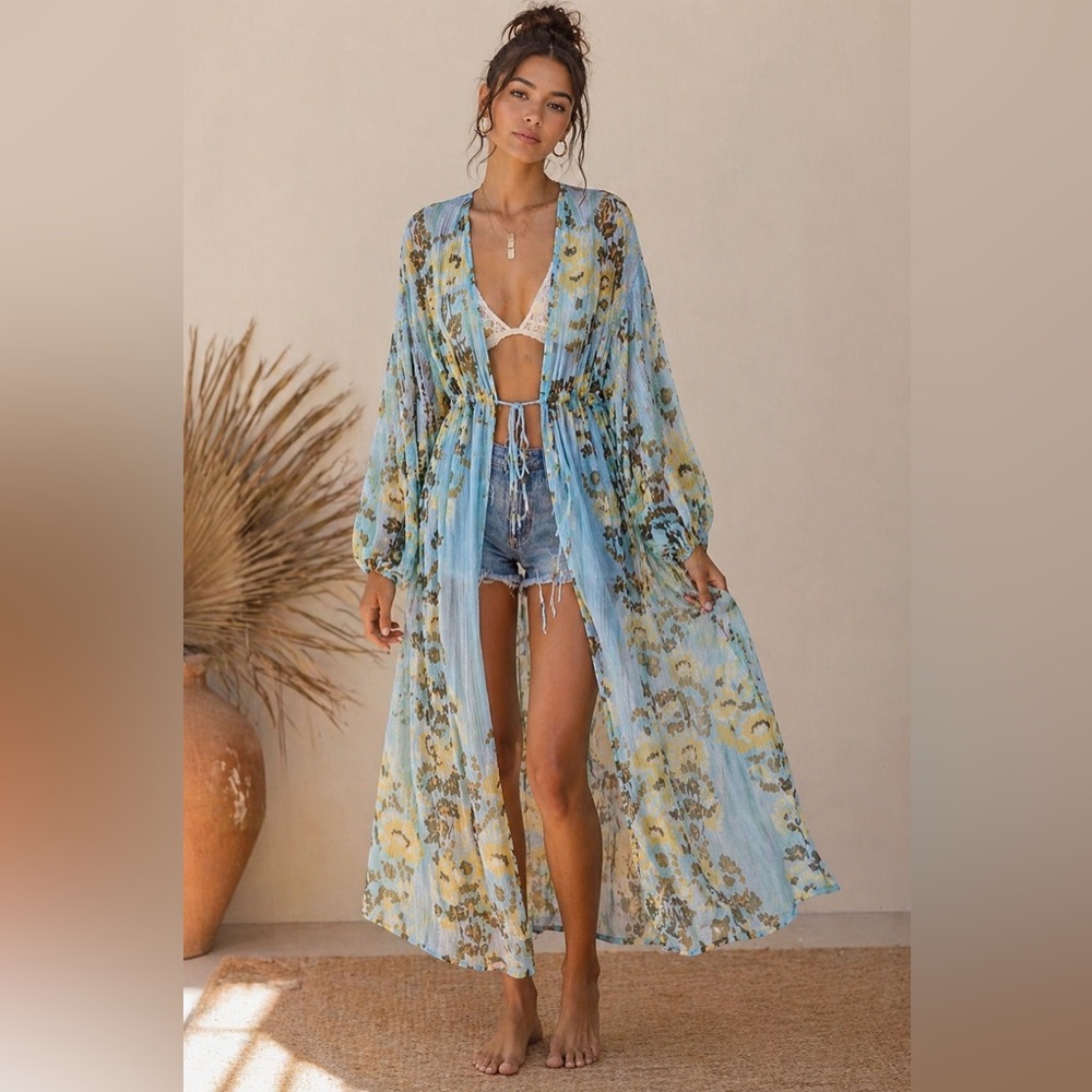 Free People Sheer Floral Kimono Duster Tie Front Blue Boho Robe